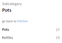 A category of the second and subsequent level: "Kitchen -> Pots"