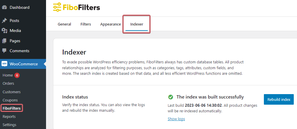 Indexer settings page