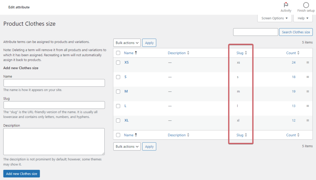 Product attribute slugs