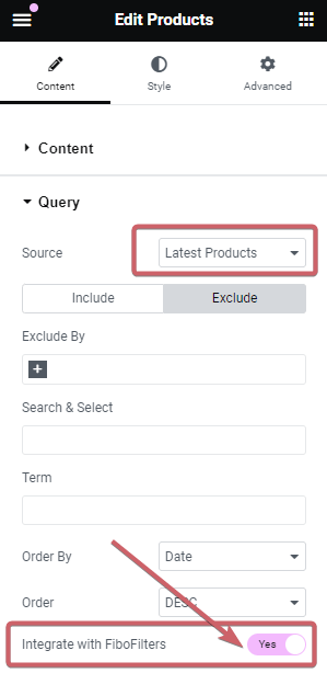 Elementor widget settings - Integrate with FiboFilters