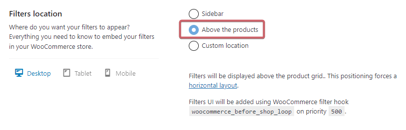 Filter location - above the products