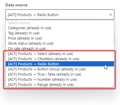 ACF fields displayed in the data sources list