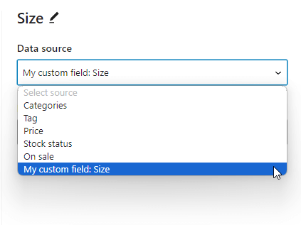 The "Size" field registered as custom field. 