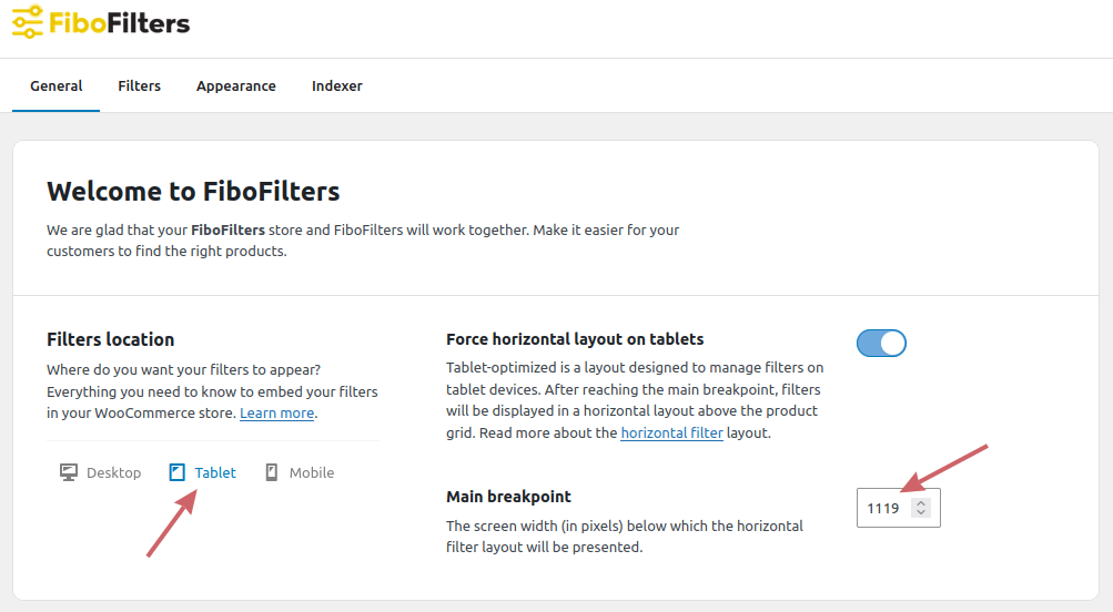 Change tablet breakpoint in FiboFilters settings