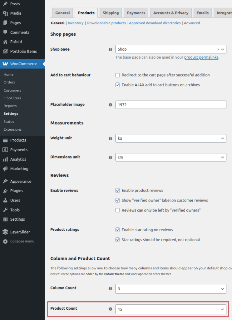 Enfold: number of products per page