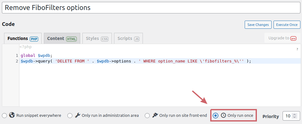 Remove FiboFilters options with Code Snippets