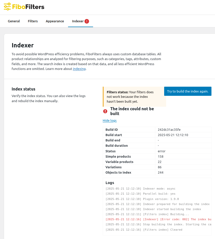 FiboFilters indexer errors: show logs