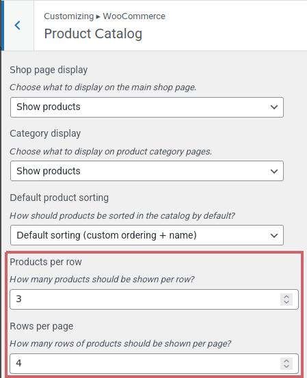 Neve: set products per row and rows per page