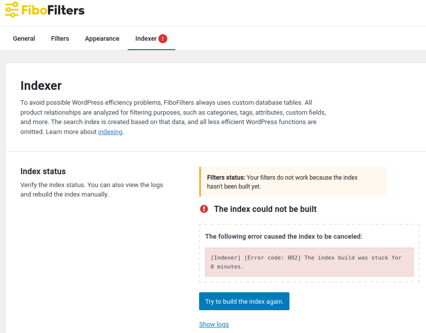 FiboFilters indexer failure