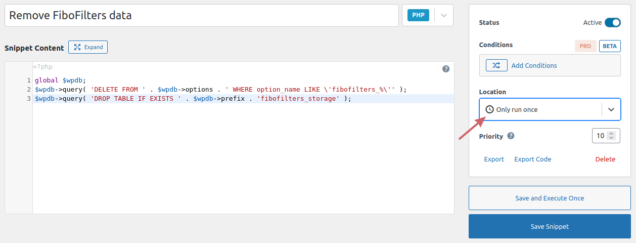 Remove FiboFilters data with Code Snippets