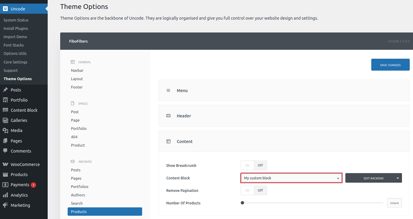 Select content block for product archives in Uncode