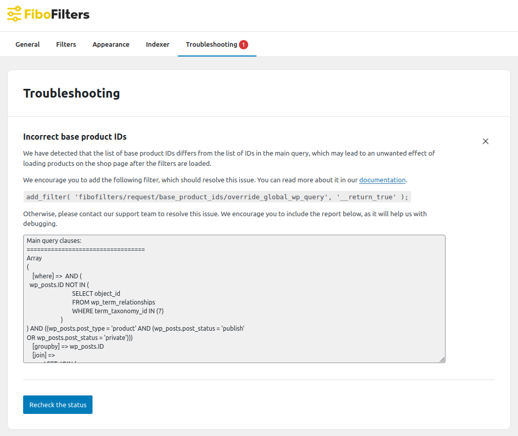 FiboFilters troubleshooting: incorrect base product IDs