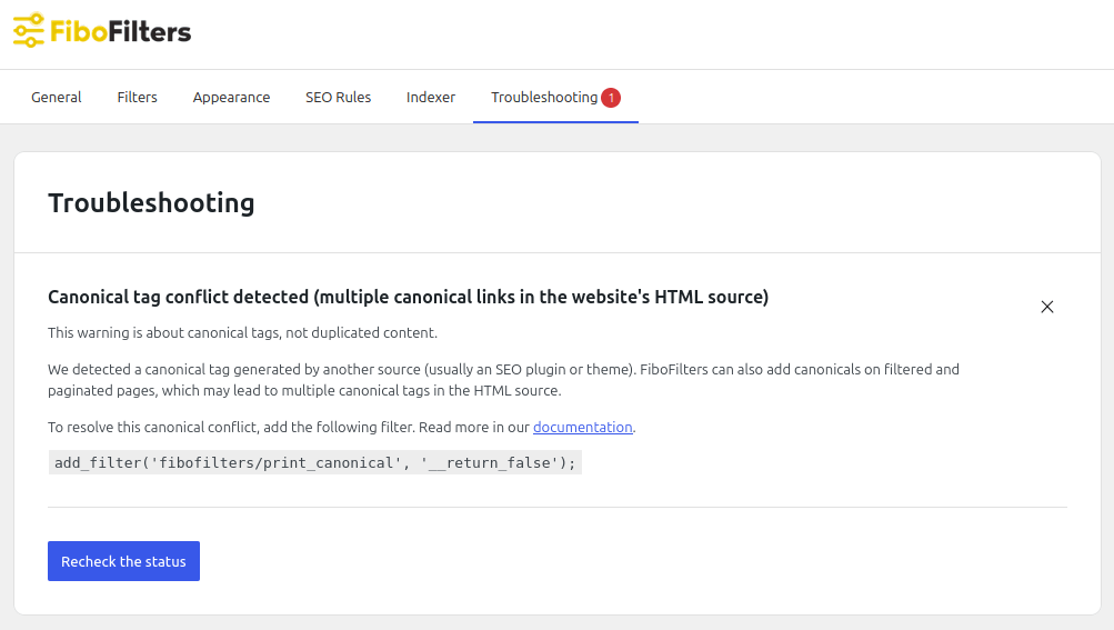 FiboFilters displays a message about duplicated canonical links