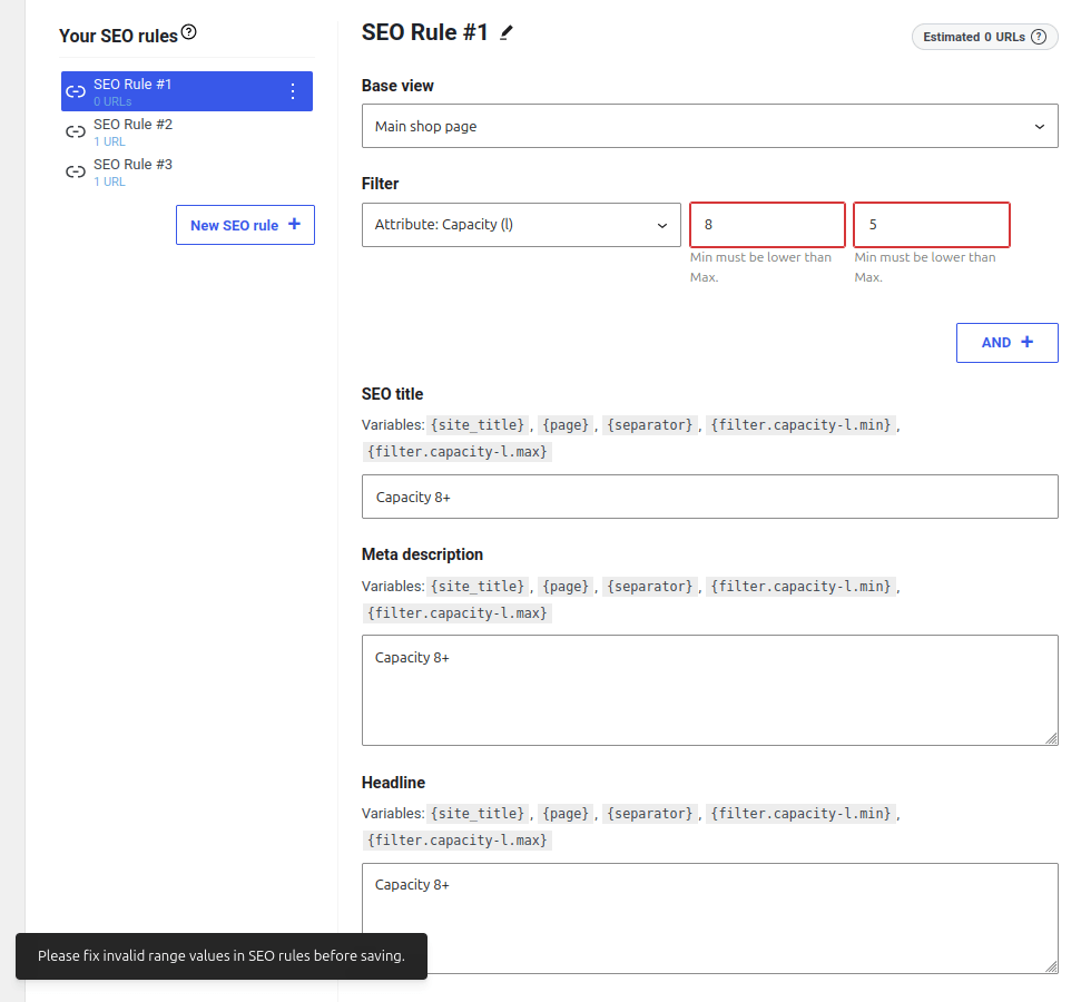 FiboFilters validates data in the SEO rule editor